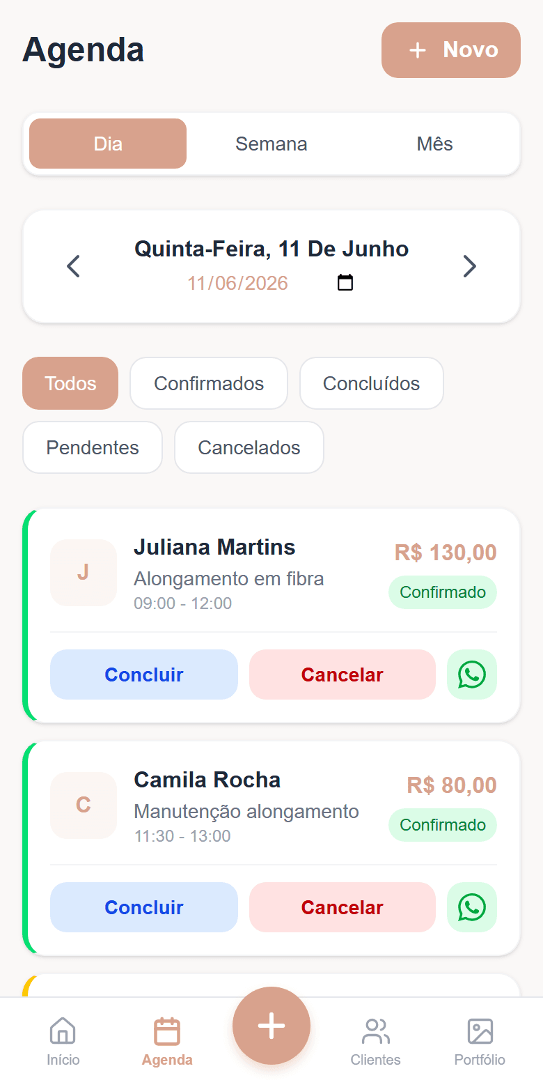 Agenda do dia no Unha Express: horários, serviços e valores de cada atendimento