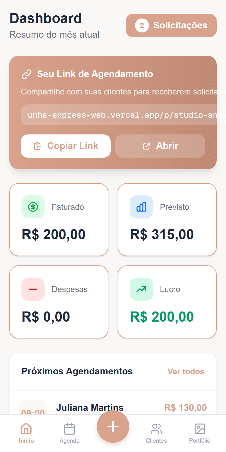 Painel do Unha Express: faturado e previsto do mês, link de agendamento