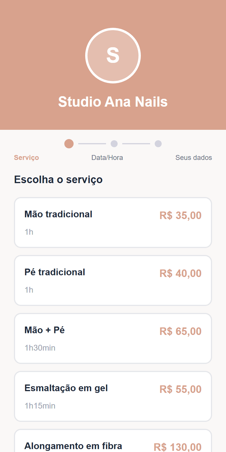 Página de agendamento real do Unha Express: a cliente escolhe serviço, data e horário