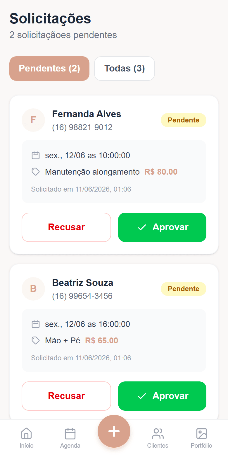 Tela de solicitações do Unha Express: pedido de horário com botão Aprovar